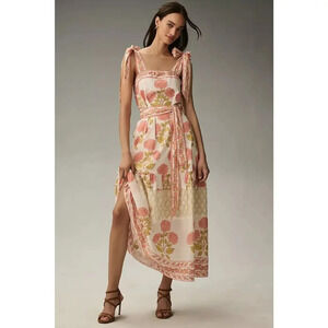 NWD Sue Sartor Tie-Shoulder Maxi Dress Size LP Petite Orange/Ivory 9B417